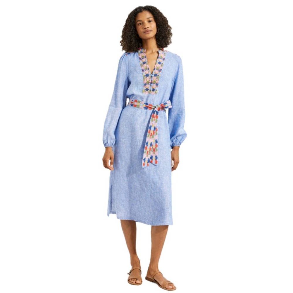 Boden 100% Linen Embroidered Chambray Midi Dress Belted, Size 4